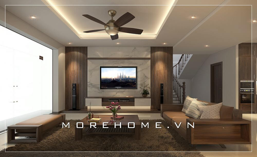 Mẫu thiết kế phòng khách đẹp sử dụng nội thất gỗ tự nhiên cao cấp mang đến sự sang trọng, đẳng cấp cho không gian